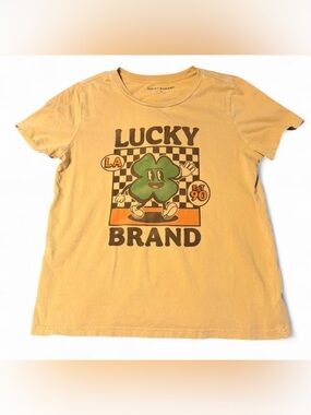 Lucky Brand Mustard Yellow Retro Clover Checkerboard Graphic Tee - Size M